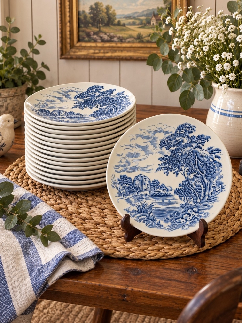Vintage Enoch Wedgwood Countryside Blue Transferware Plates Set of 14 England